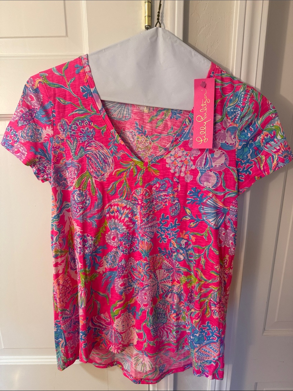 Lilly Pulitzer Hot Pink Multicolor V-Neck Tee